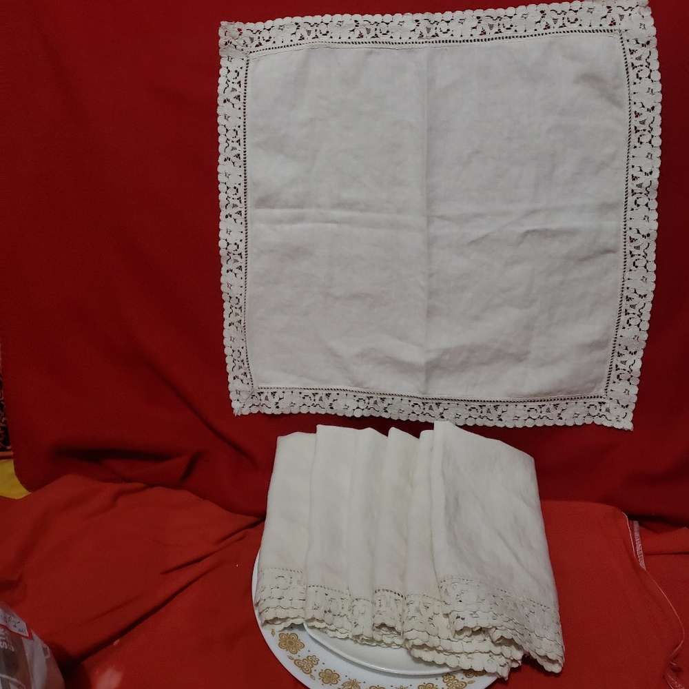 Vintage Handmade Italian Linen-Floral Lace-Large Dinner Napkins-7 pc.lot-nwot